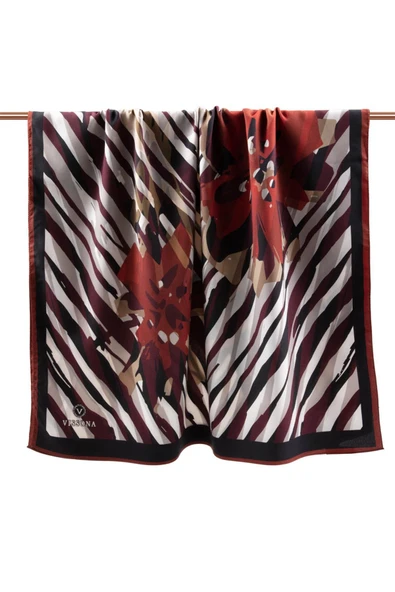 LÜKS MEDİNE İPEĞİ ZEBRA VE ÇİÇEK DESENLİ BORDO RENKLİ 75X195 KIRIŞMAZ ŞAL MOSS KREP DİKİŞ TİPİ İTALYAN DİKİŞLİ - Resim 2