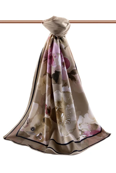 LÜKS MEDİNE İPEĞİ ÇİÇEK DESENLİ BEJ - GÜL KURUSU  RENKLİ 75X195 KIRIŞMAZ ŞAL MOSS KREP DİKİŞ TİPİ İTALYAN DİKİŞLİ - Resim 2