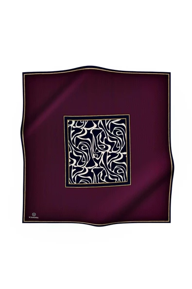 %100 Twill İpek Geometrik Desenli Lacivert - Bordo Renkli 90x90 Eşarp Dikim Şekli : El Dikişi - Resim 2
