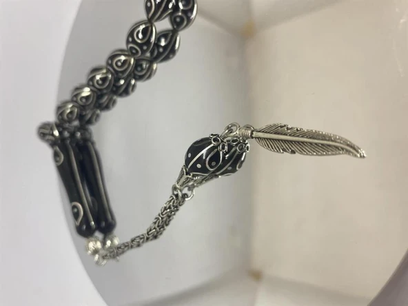 Tesbih TSBH0131BC 925 Ayar Gümüş Püsküllü Gümüş İşlemeli Beyzi Kesim Usta El İşçilikli Erzurum Oltu Tesbih - Resim 6