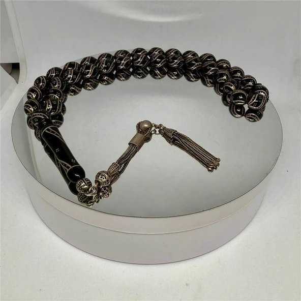 Tesbih TSBH0221BC 925 Ayar Gümüş Püsküllü Gümüş İşlemeli Çeşmi Bülbül Beyzi Kesim Usta El İşçilikli Erzurum Oltu Tesbih ürün görseli