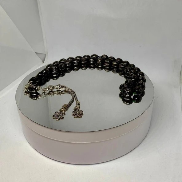 Tesbih TSBH0277AD Gümüş Püsküllü Gümüş İşlemeli Beyzi Kesim Ateş Kehribar Tesbih ürün görseli