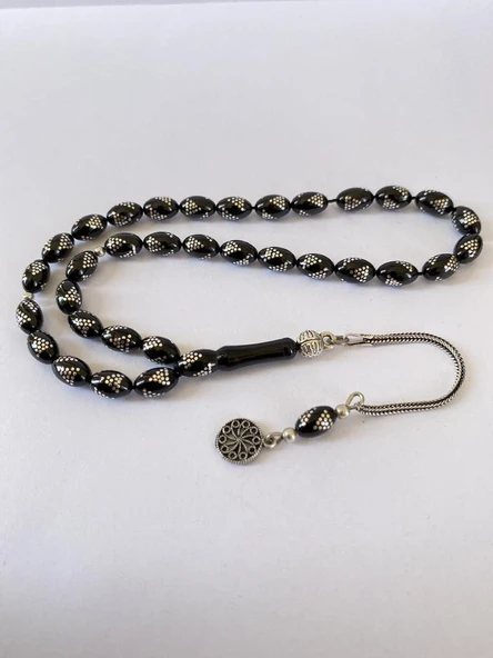 Tesbih TSBH0259BC 925 Ayar Gümüş Püsküllü Gümüş İşlemeli Beyzi Kesim Erzurum Oltu Taşı Tesbih - Resim 3