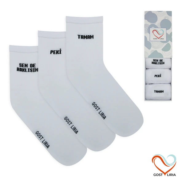 GOST LİRİA - Sloganlı Ribanalı  Ünisex Tenis Çorap 3 lü ürün görseli 1