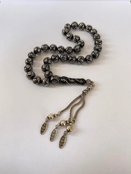 Tesbih TSBH0237BC 1000 Ayar Gümüş Püsküllü Yoğun Gümüş Kakmalı Küre Kesim Erzurum Oltu Taşı Tesbih - Resim 4