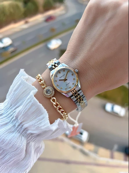 Ferrucci Küçük Vintage Kasa Çelik Kordon 2 Yıl Garantili 3 Atm Kadın Kol Saati+Bileklik FY.03630.4 - Resim 2