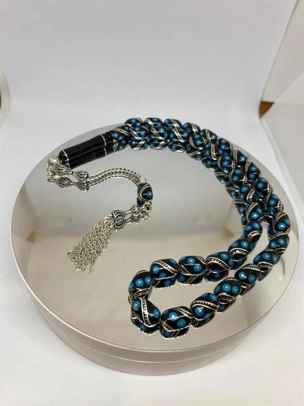 Tesbih TSBH0139HK 925 Ayar Gümüş Püsküllü Gümüş- Firuze İşlemeli Kapsül Kesim Usta El İşçilikli Erzurum Oltu Tesbih - Resim 2