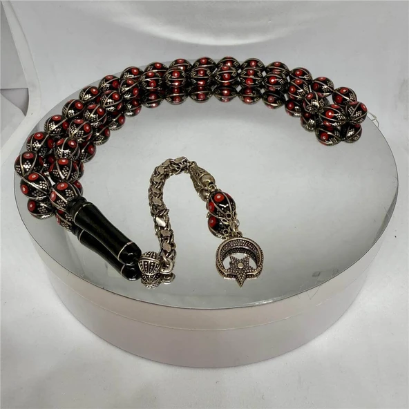 TESBİH TSBH0231BC 925 Ayar Gümüş Püsküllü Mercan Ve Gümüş İşlemeli Beyzi Kesim Usta El İşçilikli Erzurum Oltu Tesbih ürün görseli