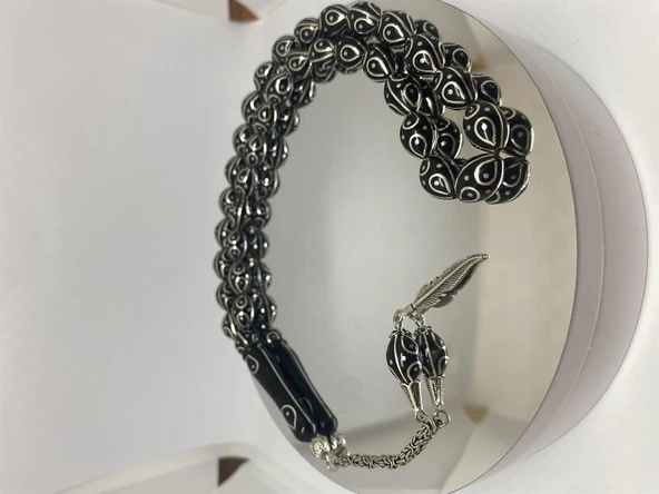 Tesbih TSBH0131BC 925 Ayar Gümüş Püsküllü Gümüş İşlemeli Beyzi Kesim Usta El İşçilikli Erzurum Oltu Tesbih - Resim 2