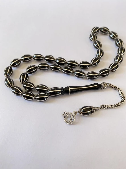 Tesbih TSBH0261BC 925 Ayar Gümüş Püsküllü Gümüş İşlemeli Karpuz Beyzi Kesim Erzurum Oltu Taşı Tesbih - Resim 3