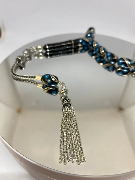 Tesbih TSBH0139HK 925 Ayar Gümüş Püsküllü Gümüş- Firuze İşlemeli Kapsül Kesim Usta El İşçilikli Erzurum Oltu Tesbih - Resim 4