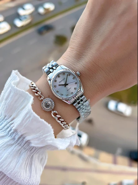 Ferrucci Küçük Vintage Kasa Çelik Kordon 2 Yıl Garantili 3 Atm Kadın Kol Saati+Bileklik FY.03630.1 - Resim 2