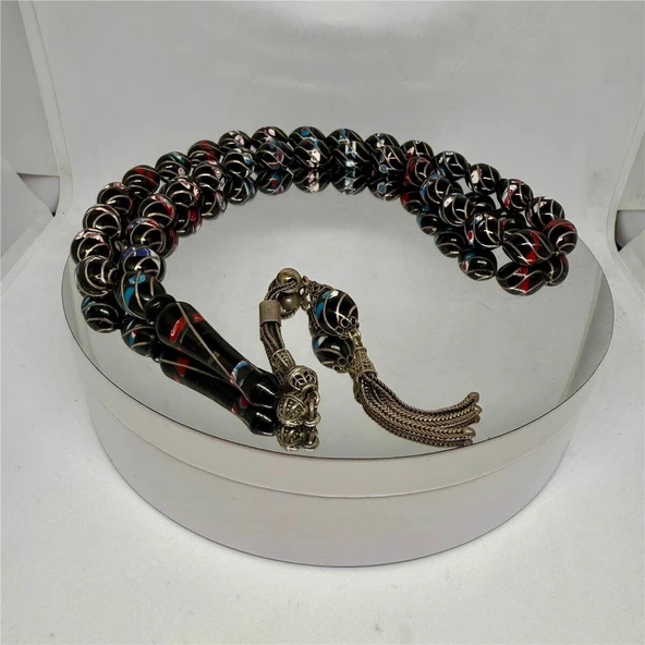 Tesbih TSBH0225BC 925 Ayar Gümüş Püsküllü Gümüş-Mercan İşlemeli Beyzi Kesim Usta El İşçilikli Erzurum Oltu Tesbih ürün görseli