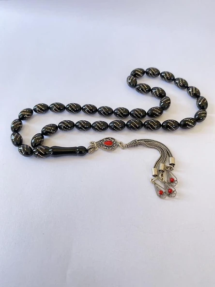 Tesbih TSBH0052AH 925 Ayar Gümüş Püsküllü Gümüş İşlemeli Beyzi Kesim Usta El İşçilikli Erzurum Oltu Tesbih - Resim 3