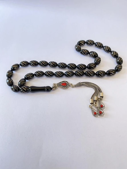 Tesbih TSBH0052AH 925 Ayar Gümüş Püsküllü Gümüş İşlemeli Beyzi Kesim Usta El İşçilikli Erzurum Oltu Tesbih - Resim 2