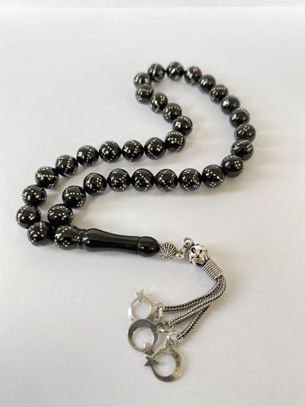 Tesbih TSBH0256BC 925 Ayar Türk Bayrak Gümüş Püsküllü Gümüş İşlemeli Küre Kesim Erzurum Oltu Taşı Tesbih - Resim 3