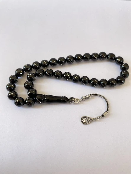 Tesbih TSBH0260BC 925 Ayar Gümüş Püsküllü Gümüş İşlemeli Küre Kesim Erzurum Oltu Taşı Tesbih - Resim 3