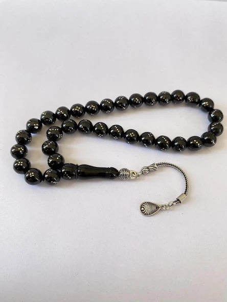 Tesbih TSBH0260BC 925 Ayar Gümüş Püsküllü Gümüş İşlemeli Küre Kesim Erzurum Oltu Taşı Tesbih - Resim 4