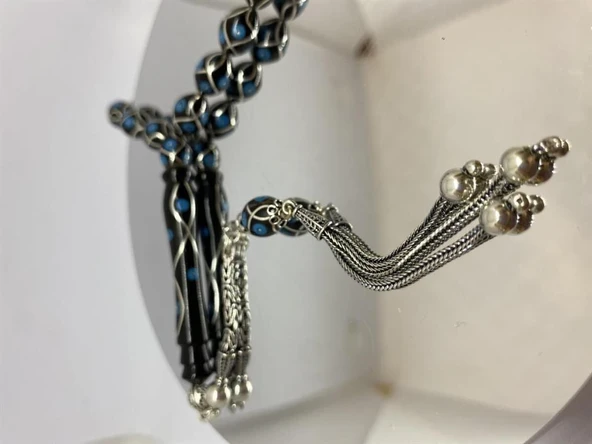 Tesbih TSBH0118BC 925 Ayar Gümüş Püsküllü Gümüş-Firuze İşlemeli Beyzi Kesim Usta El İşçilikli Erzurum Oltu Tesbih - Resim 3