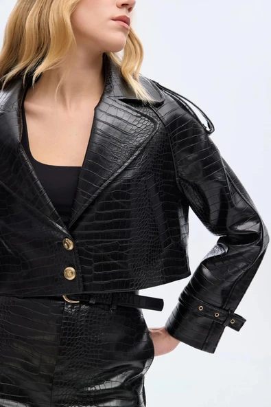 Setu Oversize Crop Deri Kadın Ceket - Resim 3