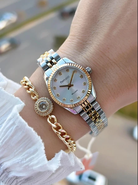 Ferrucci Küçük Vintage Kasa Çelik Kordon 2 Yıl Garantili 3 Atm Kadın Kol Saati+Bileklik FY.03630.4 ürün görseli