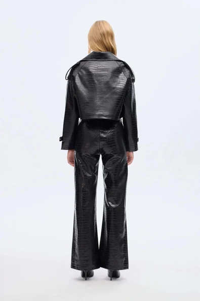 Setu Oversize Crop Deri Kadın Ceket - Resim 5