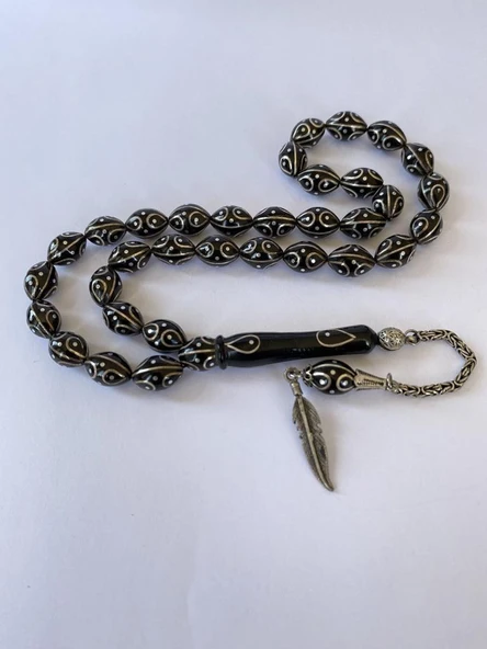 Tesbih TSBH0131BC 925 Ayar Gümüş Püsküllü Gümüş İşlemeli Beyzi Kesim Usta El İşçilikli Erzurum Oltu Tesbih - Resim 4