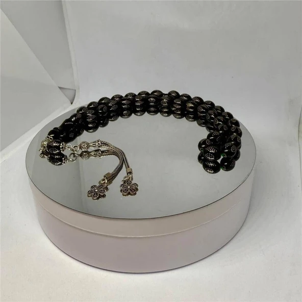 Tesbih TSBH0277AD Gümüş Püsküllü Gümüş İşlemeli Beyzi Kesim Ateş Kehribar Tesbih - Resim 2