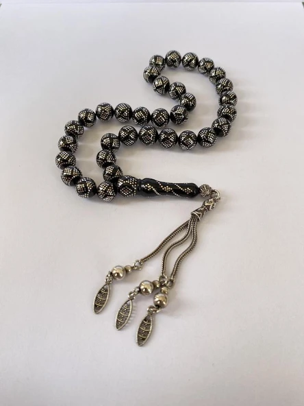 Tesbih TSBH0237BC 1000 Ayar Gümüş Püsküllü Yoğun Gümüş Kakmalı Küre Kesim Erzurum Oltu Taşı Tesbih - Resim 3