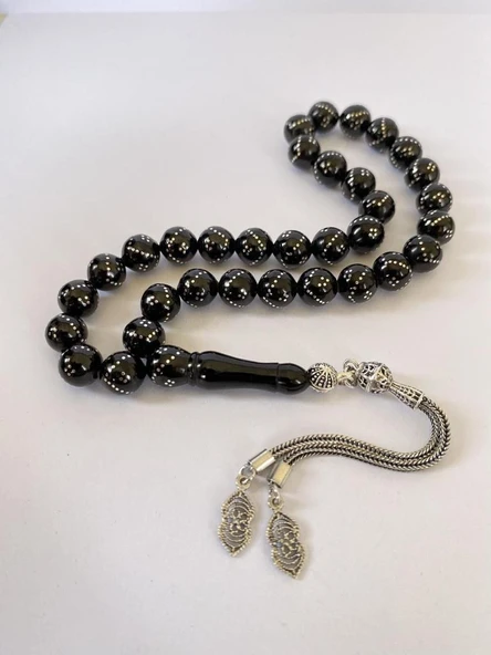 Tesbih TSBH0248BC 925 Ayar Gümüş Püsküllü Gümüş İşlemeli Küre Kesim Erzurum Oltu Taşı Tesbih - Resim 4