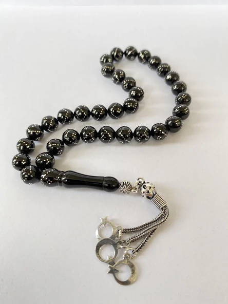 Tesbih TSBH0256BC 925 Ayar Türk Bayrak Gümüş Püsküllü Gümüş İşlemeli Küre Kesim Erzurum Oltu Taşı Tesbih - Resim 2