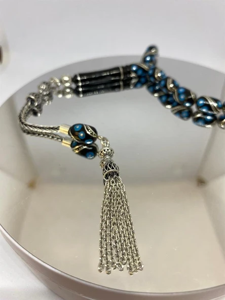 Tesbih TSBH0139HK 925 Ayar Gümüş Püsküllü Gümüş- Firuze İşlemeli Kapsül Kesim Usta El İşçilikli Erzurum Oltu Tesbih - Resim 3