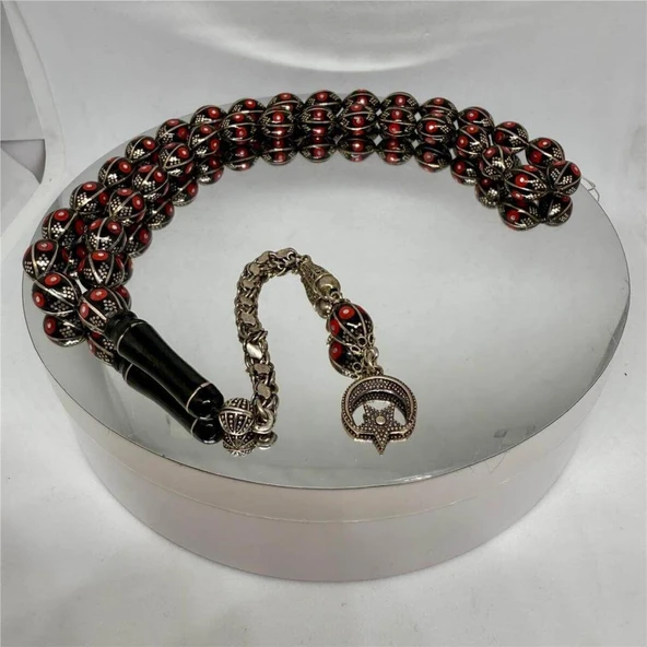 TESBİH TSBH0231BC 925 Ayar Gümüş Püsküllü Mercan Ve Gümüş İşlemeli Beyzi Kesim Usta El İşçilikli Erzurum Oltu Tesbih - Resim 2