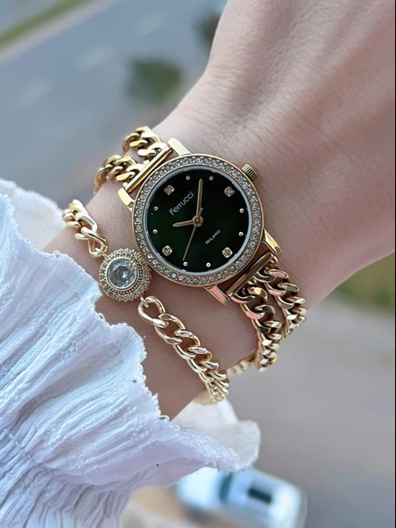 Ferrucci Küçük Vintage Kasa Çelik Kordon 2 Yıl Garantili 3 Atm Kadın Kol Saati+Bileklik FY.03615.5 - Resim 3