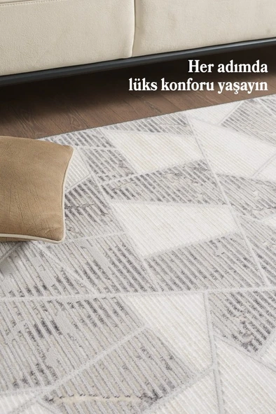 Modern Tasarımlı Pamuk Tabanlı Geometrik Desenli Saçaklı Siyah Renkli Halı - Resim 2