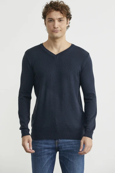 V Yaka Basic Triko Kazak - Lacivert ürün görseli 1