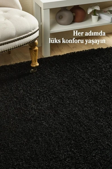 Yuvarlak Halı Yumuşak Yüksek Havlı 30 mm Shaggy Salon halısı Düz Siyah Renkli - Resim 2