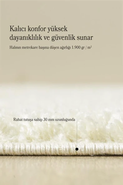 Yüksek Tüylü 30 mm Hav Yüksekliğinde Düz Krem Renkli Shaggy Halı - Resim 5