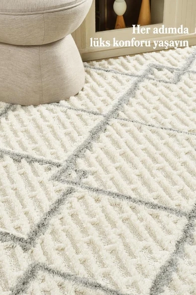 Yuvarlak Halı Yumuşak Bukle Tabanlı Modern Kabartmalı Izgara Desenli Krem Gri Renkli Halı - Resim 2