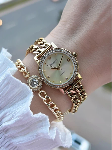 Ferrucci Küçük Vintage Kasa Çelik Kordon 2 Yıl Garantili 3 Atm Kadın Kol Saati+Bileklik FY.03615.4 ürün görseli