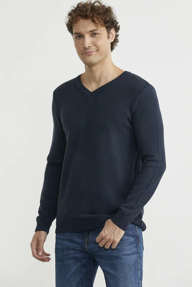 V Yaka Basic Triko Kazak - Lacivert - Resim 3