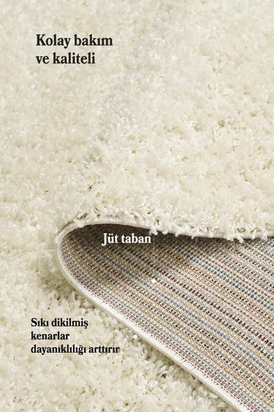 Yüksek Tüylü 30 mm Hav Yüksekliğinde Düz Krem Renkli Shaggy Halı - Resim 4