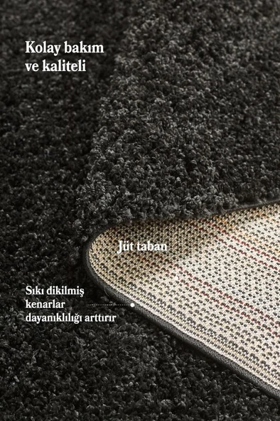 Yuvarlak Halı Yumuşak Yüksek Havlı 30 mm Shaggy Salon halısı Düz Siyah Renkli - Resim 3
