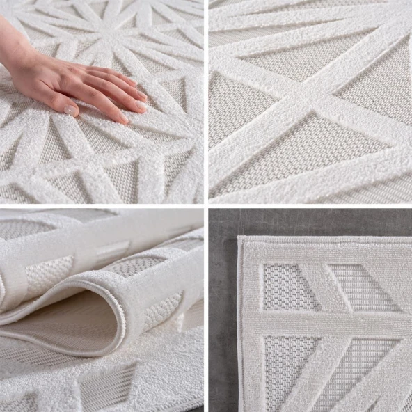 Modern Krem Renkli ZigZag Desenli Bohem Salon Mutfak Mekan Teras Balkon Oda ve Çocuk Halısı Oymalı Halı - Resim 2