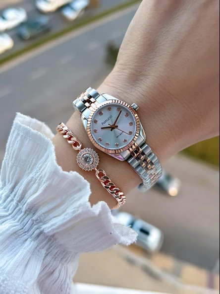 Ferrucci Küçük Vintage Kasa Çelik Kordon 2 Yıl Garantili 3 Atm Kadın Kol Saati+Bileklik FY.03630.5 - Resim 2