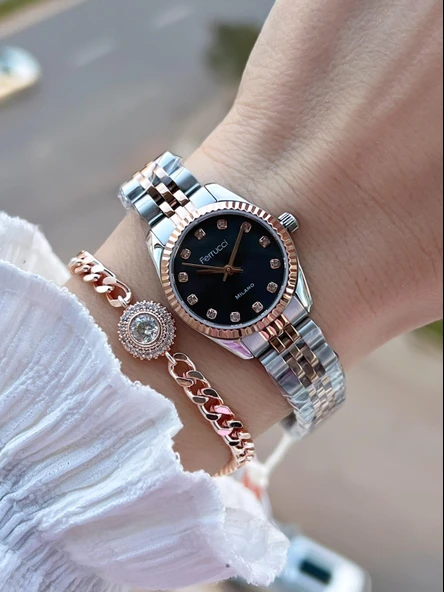 Ferrucci Küçük Vintage Kasa Çelik Kordon 2 Yıl Garantili 3 Atm Kadın Kol Saati+Bileklik FY.03630.6 ürün görseli