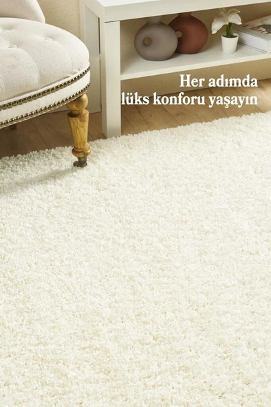 Yüksek Tüylü 30 mm Hav Yüksekliğinde Düz Krem Renkli Shaggy Halı - Resim 3