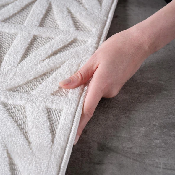 Modern Krem Renkli ZigZag Desenli Bohem Salon Mutfak Mekan Teras Balkon Oda ve Çocuk Halısı Oymalı Halı - Resim 5