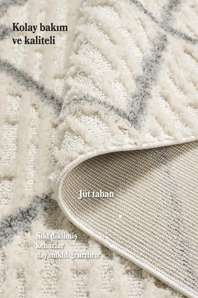 Yuvarlak Halı Yumuşak Bukle Tabanlı Modern Kabartmalı Izgara Desenli Krem Gri Renkli Halı - Resim 3