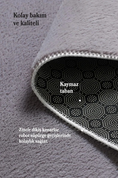 Modern Saçaklı Kaymaz Taban Tavşan Tüyü Kolay Temizlenebilir Yıkanabilir Salon Oturma Odası Yolluk Mutfak Halısı Açık Gri Renk - Resim 3